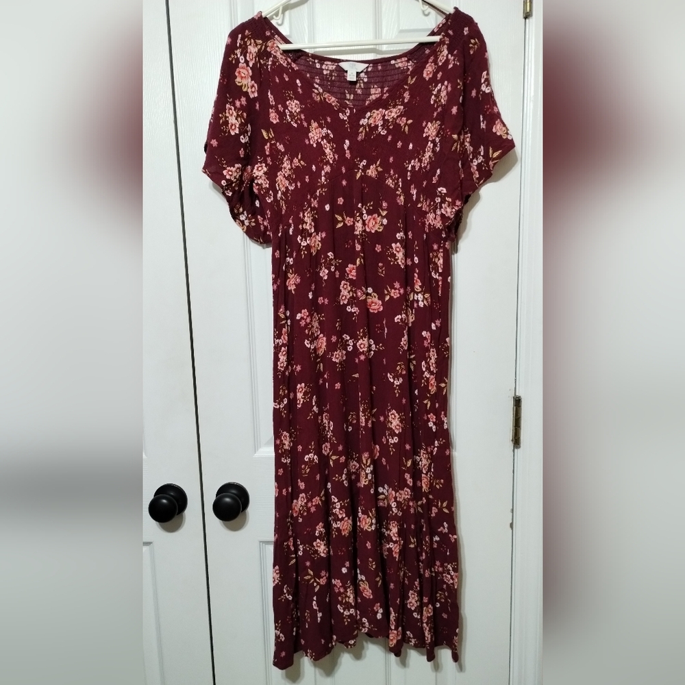 Time And Tru Women's Size M Floral Burgundy Midi Dress